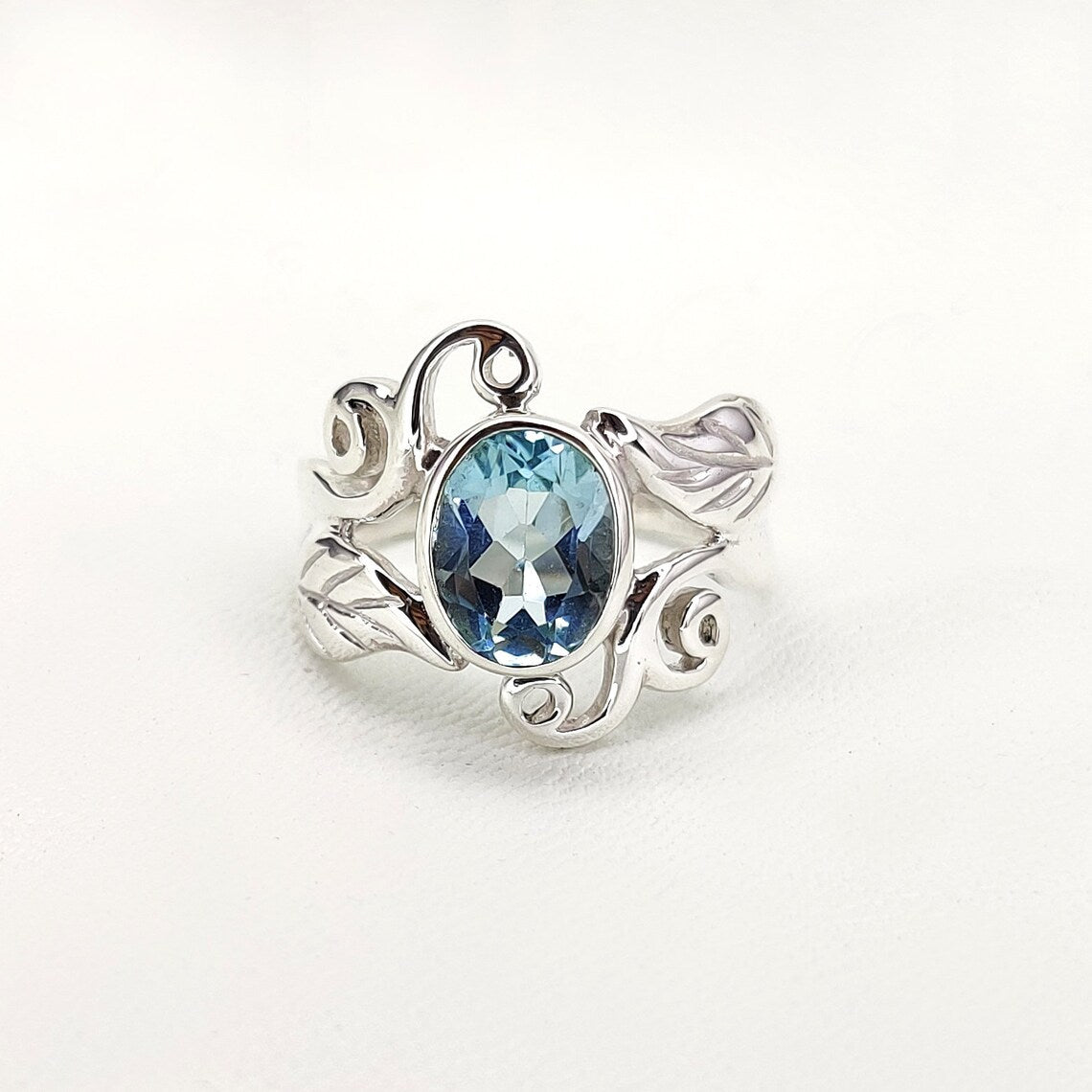 Genuine Swiss Blue Topaz Oval Ring in Sterling Silver, Natural Blue Topaz Ring, March, leaves around ring, all size ring