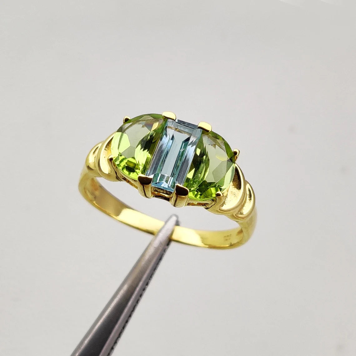 Blue Topaz Peridot Ring, Crescent Moon Ring, December August Birthstone, Unique Modern Ring, Sterling Silver, Gift For Her