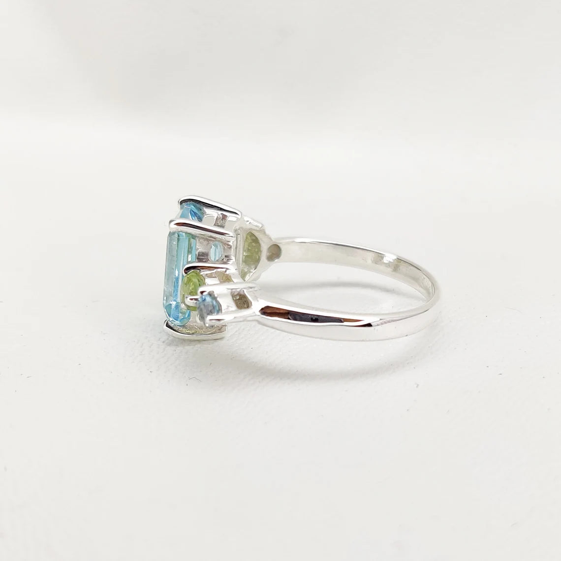 Asymmetrical Half Moon Ring - Blue Topaz and Peridot - Sterling Silver Ring