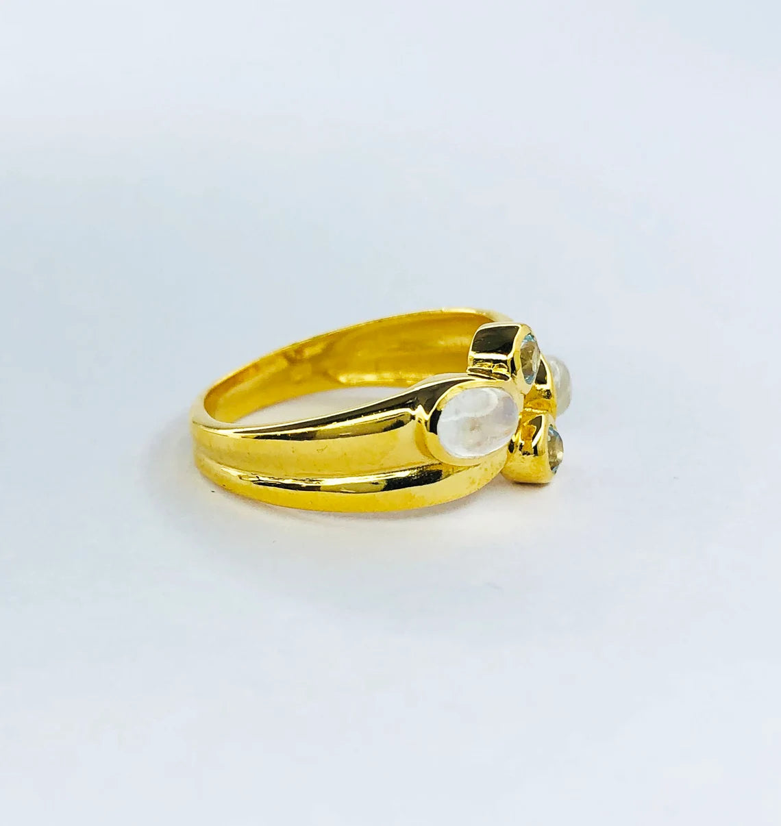 Rainbow Moonstone & Blue Topaz Gold Plated Ring, Multi Gemstone Gold Ring