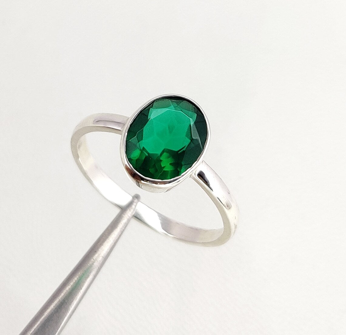 Oval Shape Emerald Sterling Silver Ring - Stone size 8x10mm