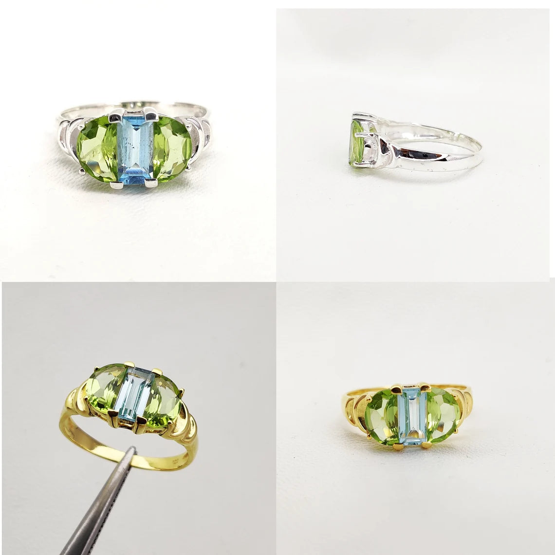 Blue Topaz Peridot Ring, Crescent Moon Ring, December August Birthstone, Unique Modern Ring, Sterling Silver, Gift For Her