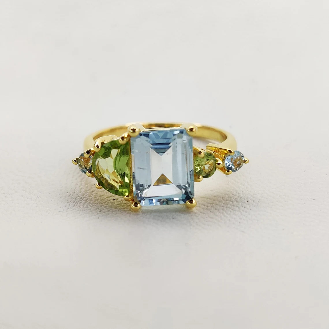 Beautiful Blue Topaz and Peridot Faceted Gemstone Sterling Silver in Gold Plating Ring