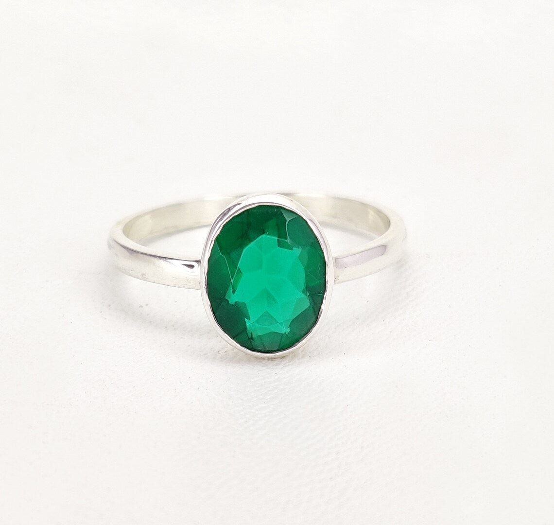 Oval Shape Emerald Sterling Silver Ring - Stone size 8x10mm