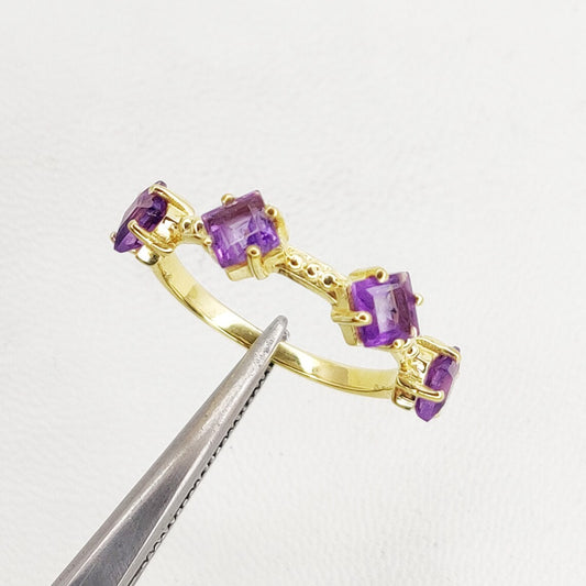 Amazing Amethyst Square Faceted Gemstone Studded Gold Plated - 925 Sterling Silver Ring