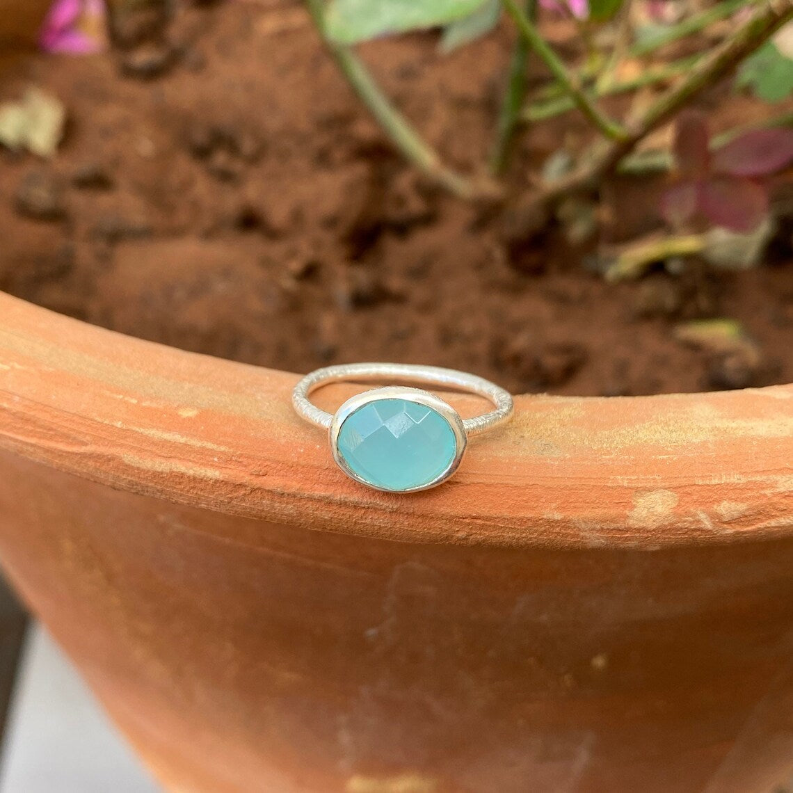 Blue chalcedony oval sterling silver ring, scratched band ring