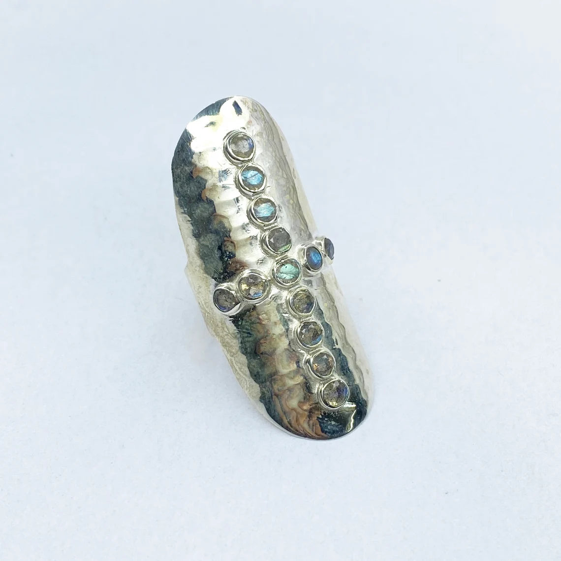 Natural labradorite ring, 92.5 Sterling Silver statement boho ring, large gemstone ring, Labradorite Cross Long ring