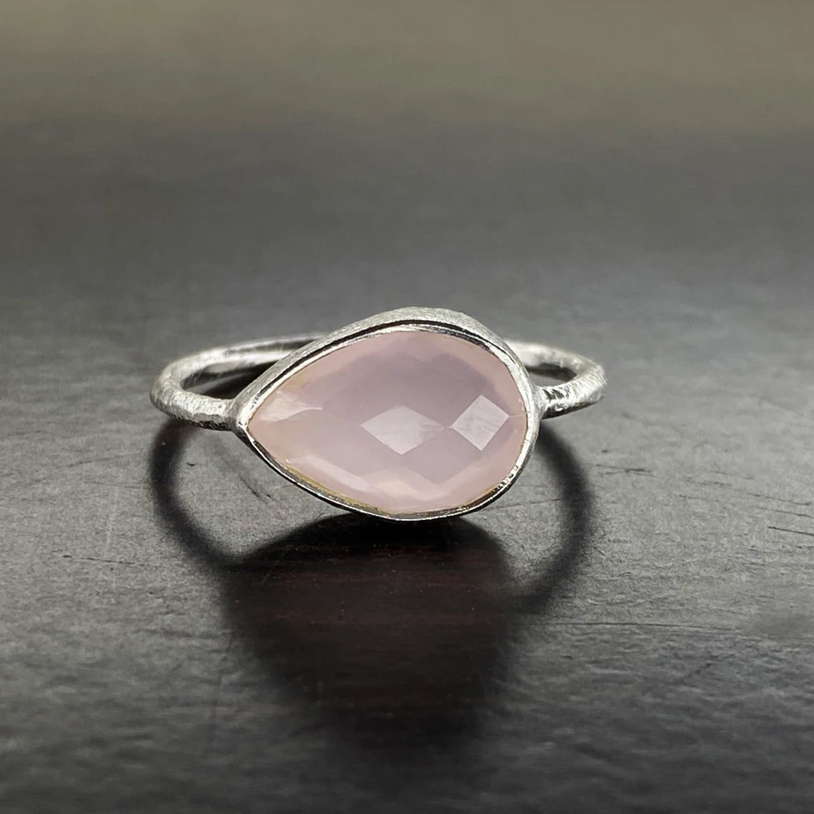 Rose Quartz Pear Ring, Pear Rose Quartz Ring, Propose Ring, horizontal ring, scratched band finish ring