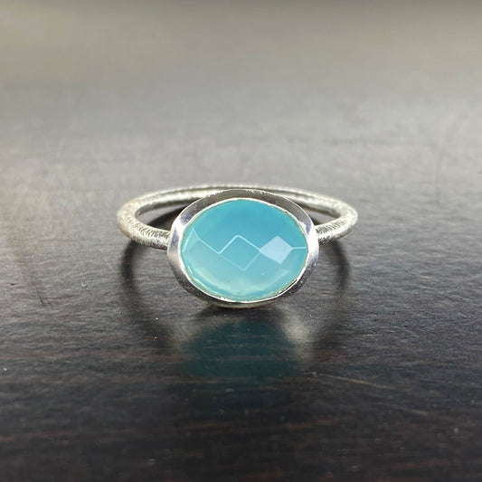 Scratched Band Ring - Blue chalcedony Oval Shape Sterling Silver Ring