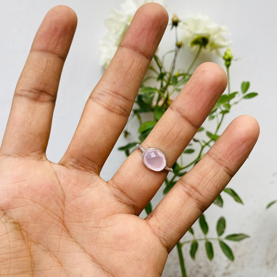 Pink Chalcedony Ring - Handmade Gemstone Ring - March Birthstone - Pink Gemstone Stone - 925 Sterling Silver - Boho Ring