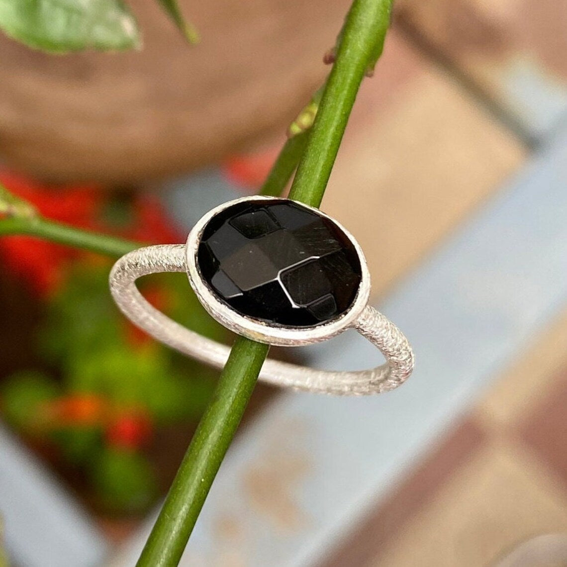 Sterling Silver Ring with Black Onyx Round Cut Gemstone