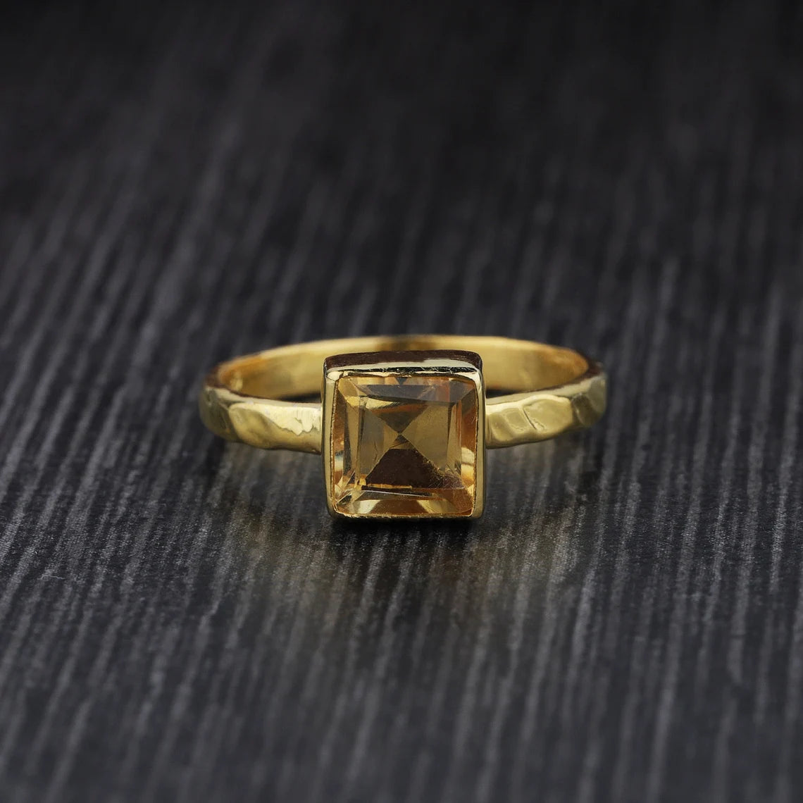 Citrine Square Shape Gold Ring Hammered Band