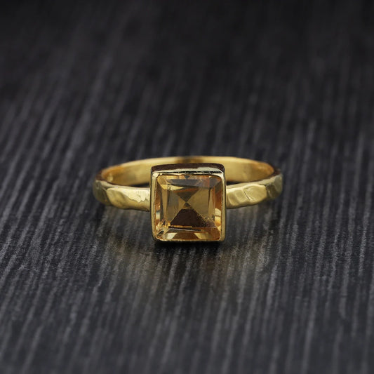 Citrine Square Shape Gold Ring Hammered Band