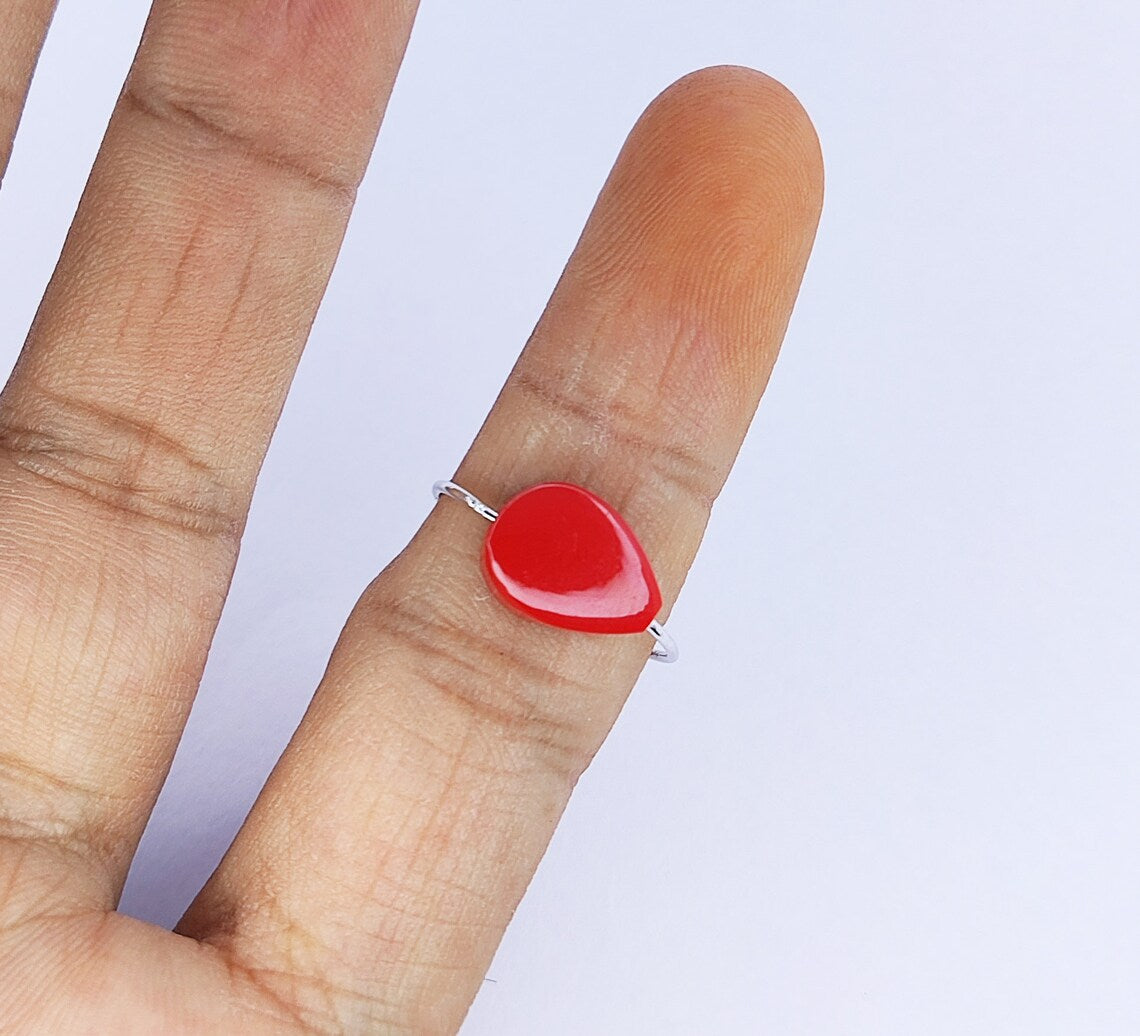 Coral Ring - Drilled Coral Ring - Pear Ring - Coral Stone Ring - Gemstone Ring - Birthstone Ring