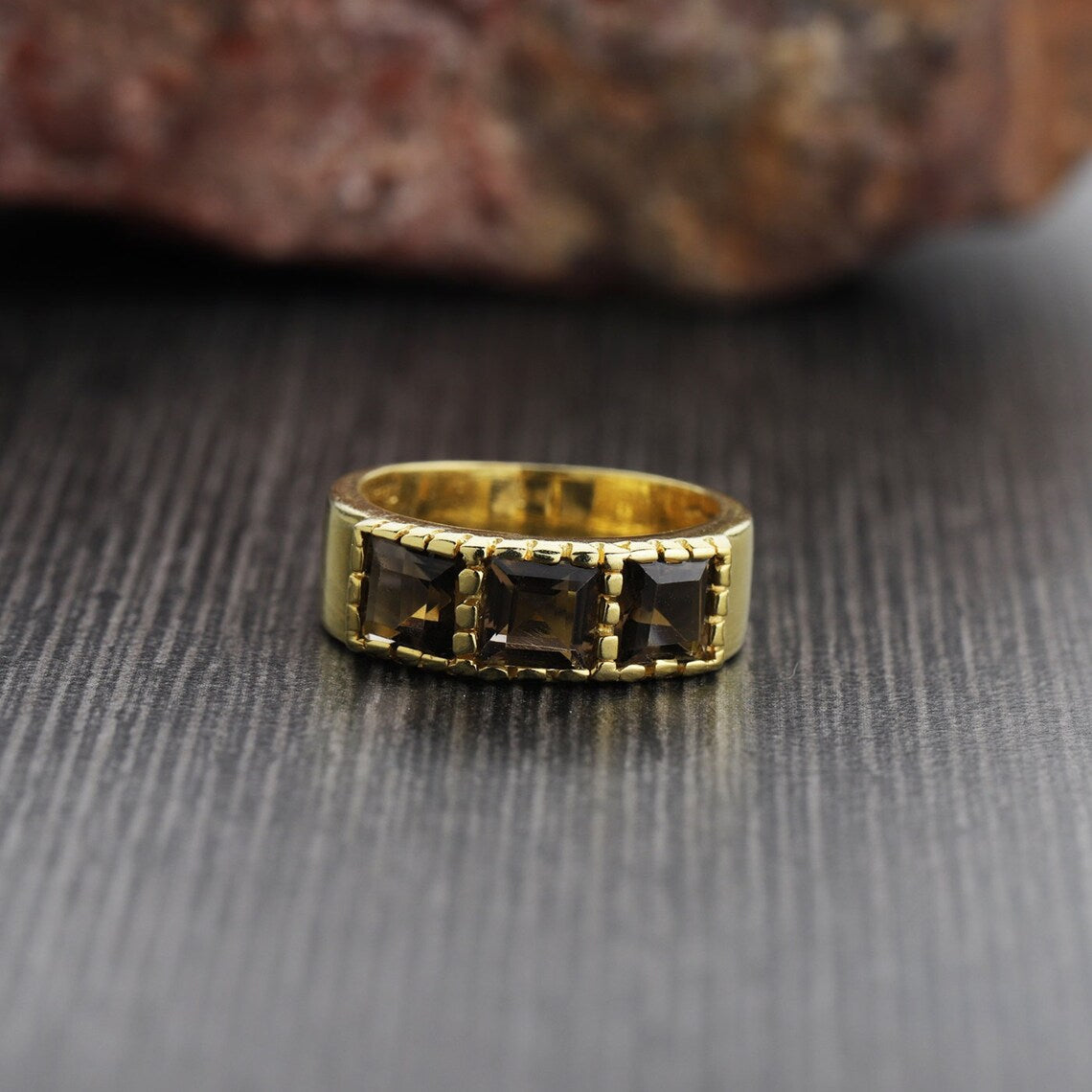 Smoky Quartz Gold Plated Ring, Smoky Quartz Sterling Silver Gold Plated Band Ring