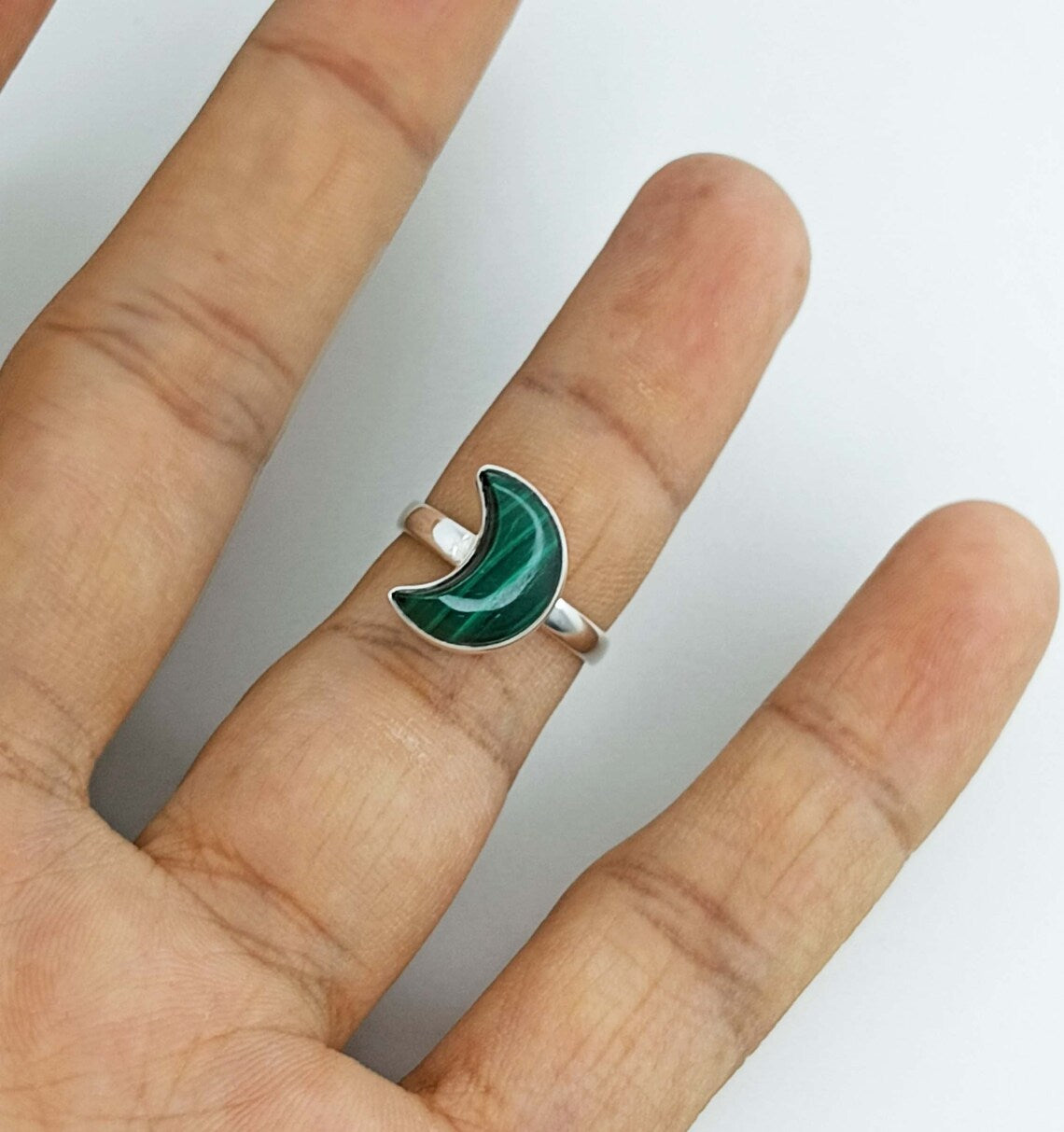 Malachite Moon Ring, Malachite Crescent Moon Ring, Green Malachite Silver Ring