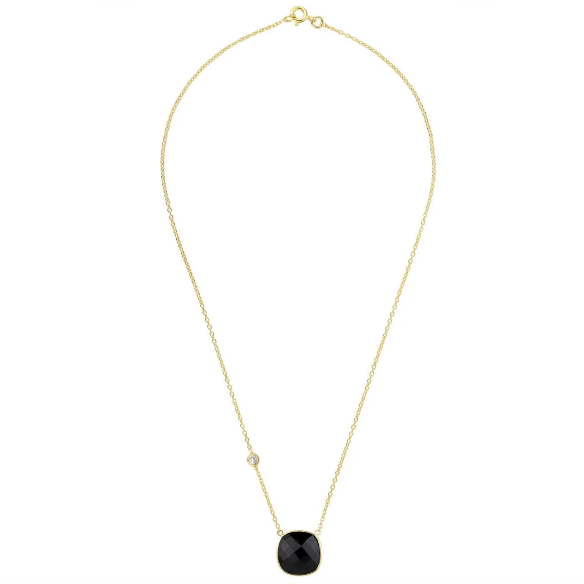 Black Onyx Cushion Necklace, Sterling Silver in Gold Plated - Chain Necklace