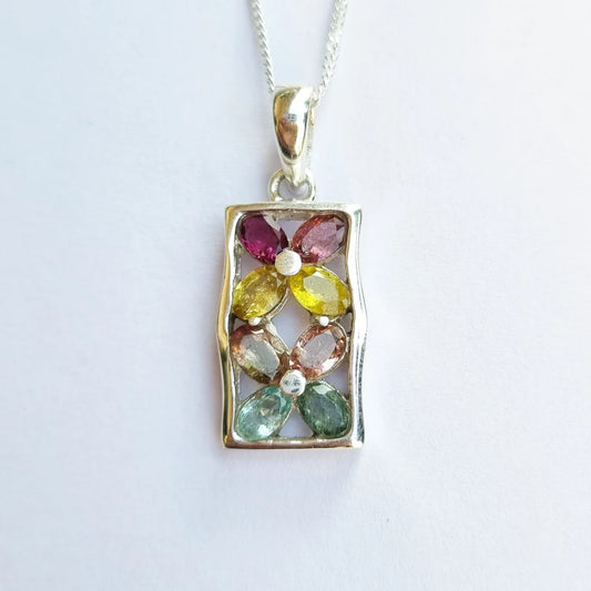 Handmade Multi Tourmaline Pendant in Sterling Silver,Oval Tourmaline pendant with chain, multi color tourmaline pendant