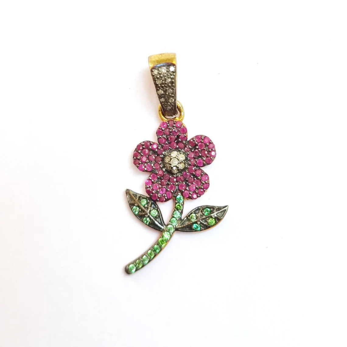 ruby flower pendant green serorite pendant, ruby gemstone victorian pendant, black oxidised finish pendant