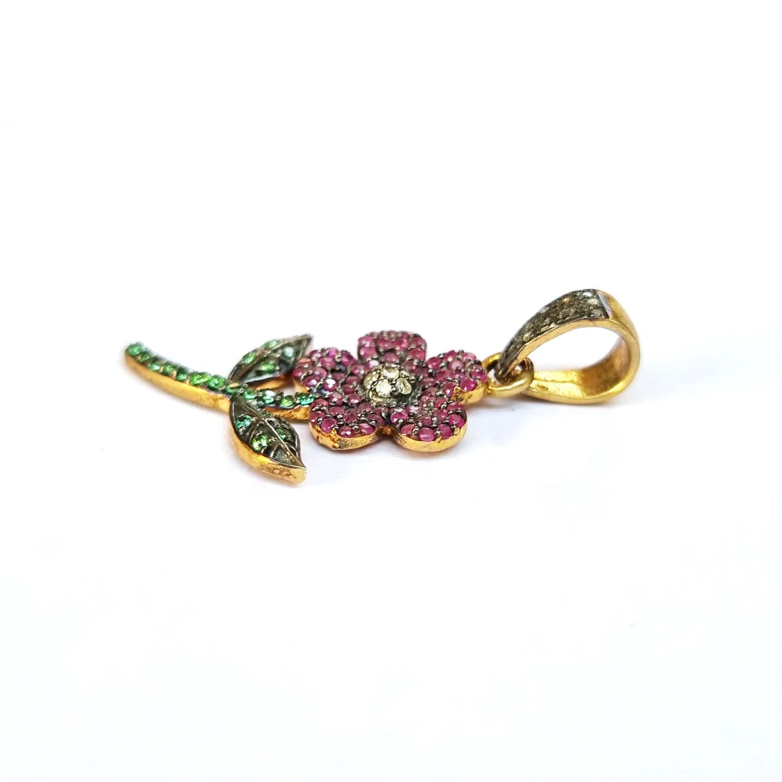 ruby flower pendant green serorite pendant, ruby gemstone victorian pendant, black oxidised finish pendant