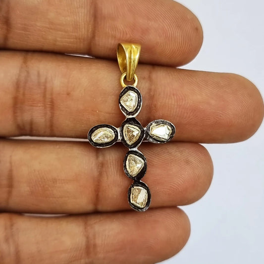 Cross Pendant Necklace Cross Polki Diamond Pendant 925 Sterling Silver Pendant Natural Diamond Victorian Pendant Gift
