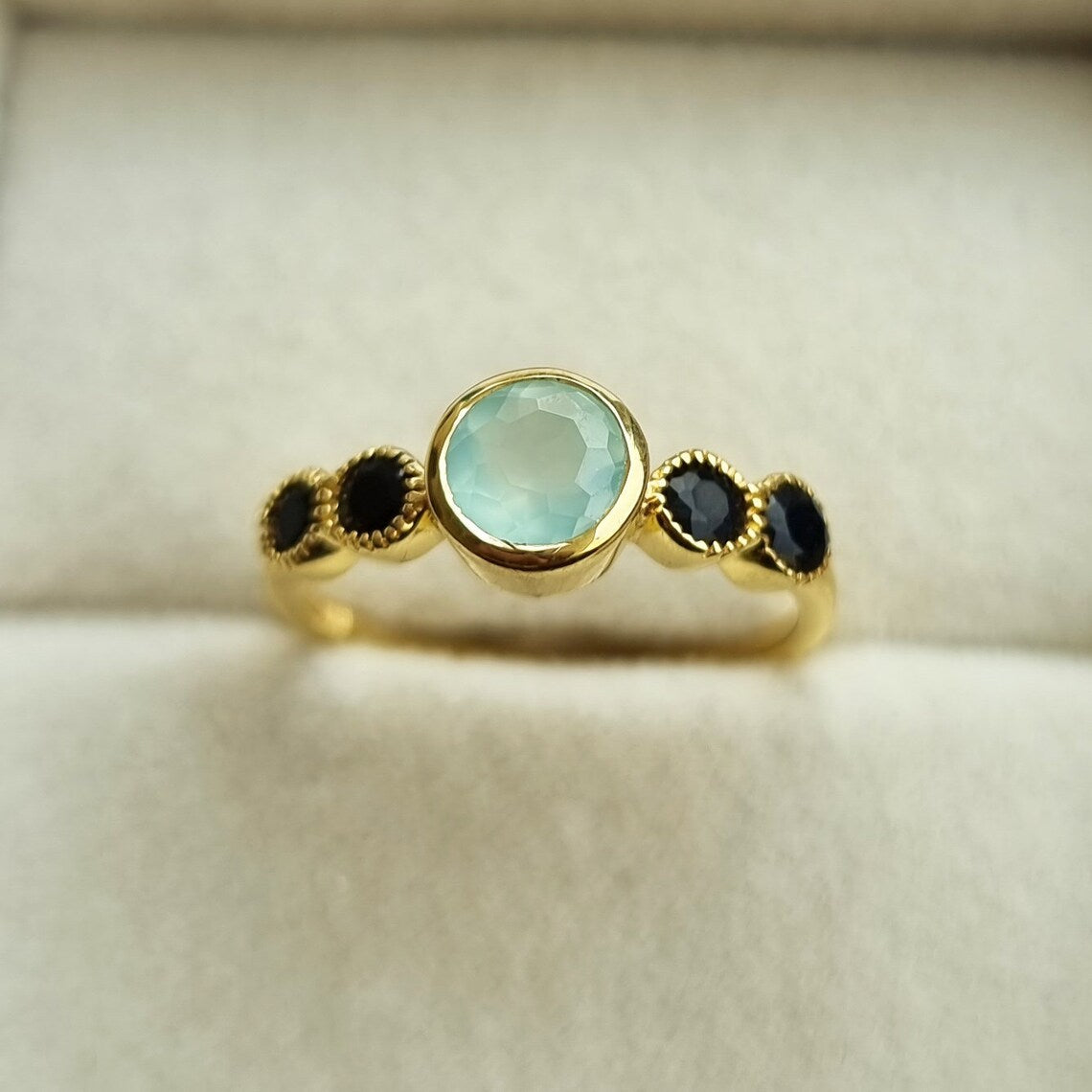 Aqua Chalcedony Black Onyx 925 Sterling Silver Ring with Gold Plating - Round Onyx Ring - Gemstone Ring Handmade