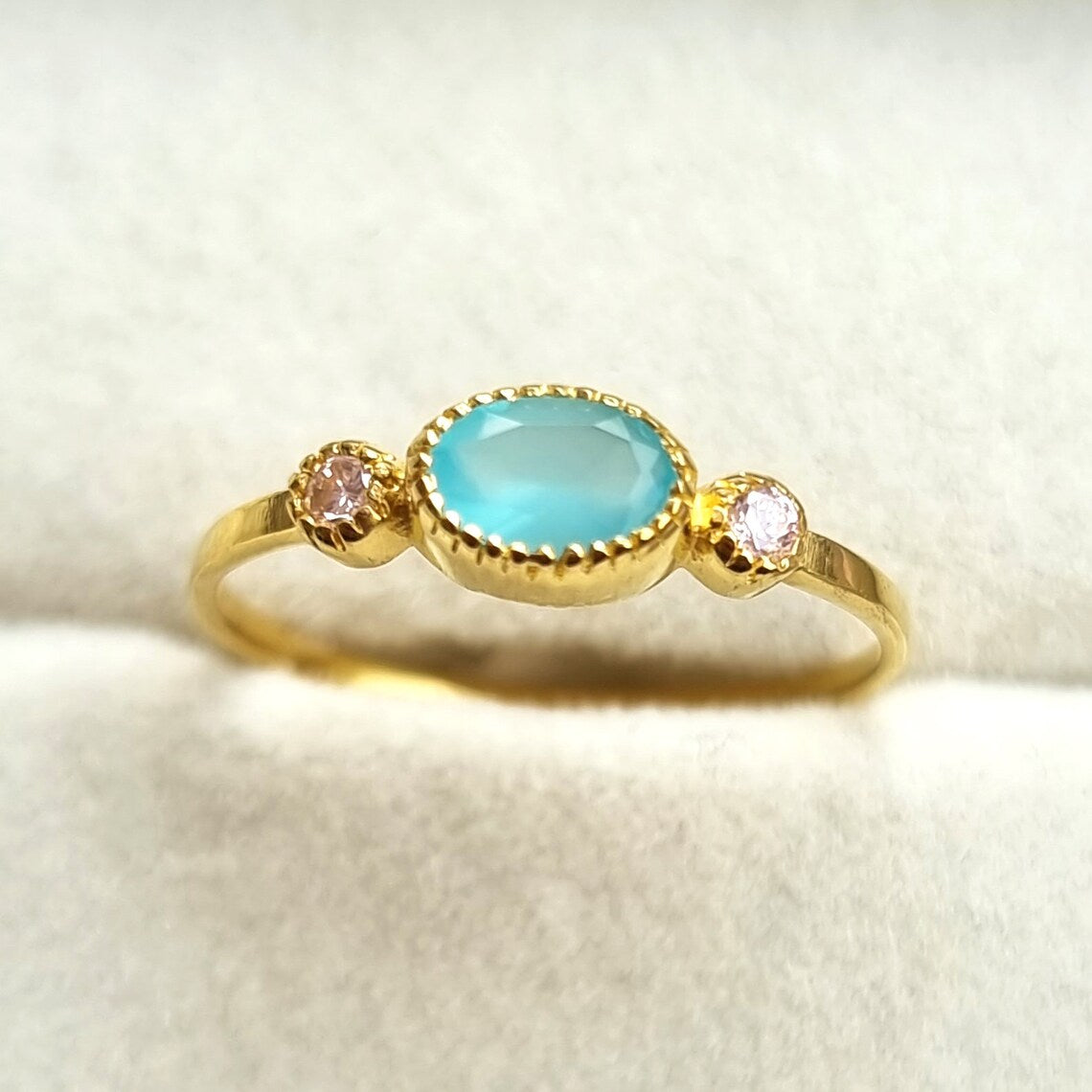 Purple and Aqua chalcedony gemstone ring, Pink Aqua Chalcedony Gold Ring,Minimalist Ring