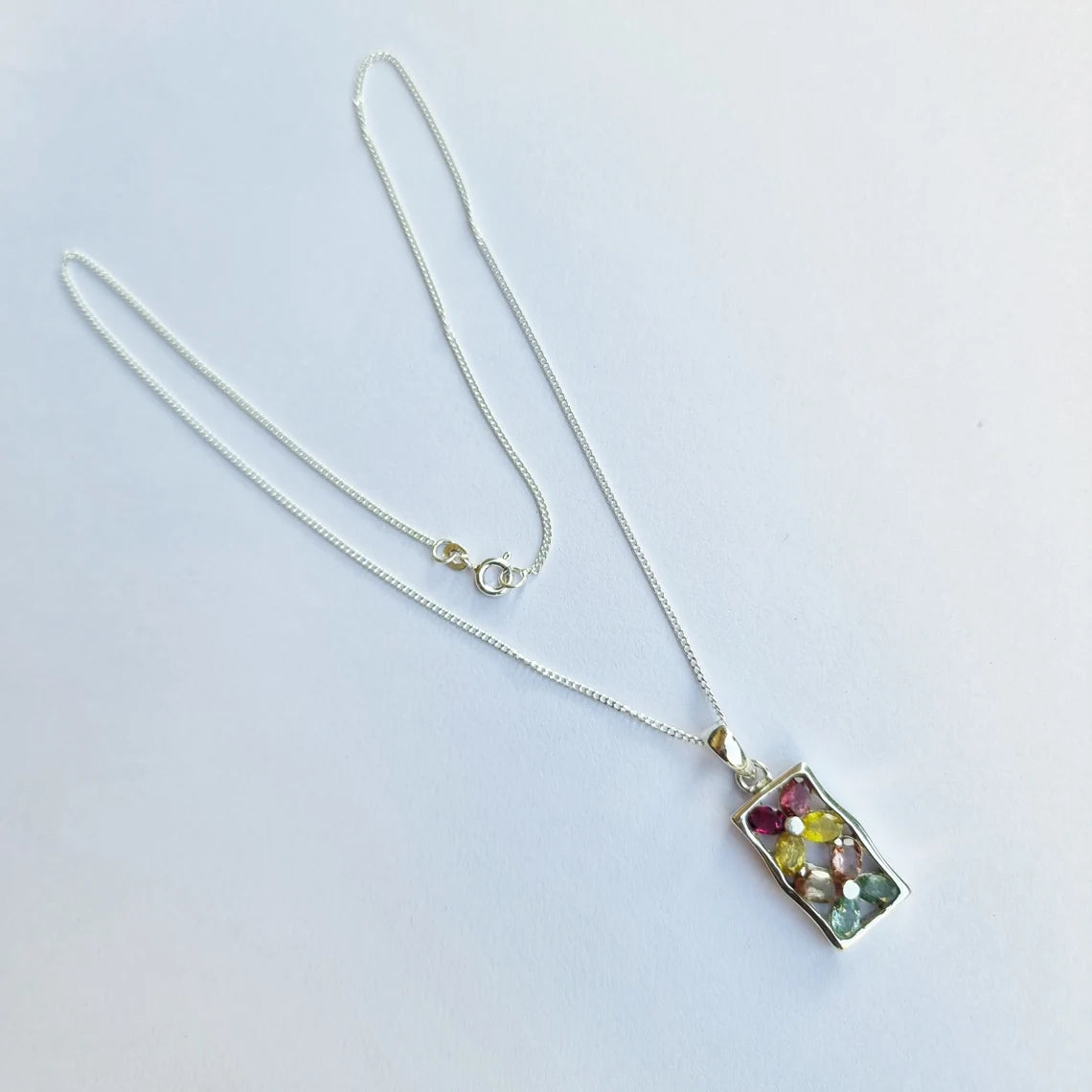 Handmade Multi Tourmaline Pendant in Sterling Silver,Oval Tourmaline pendant with chain, multi color tourmaline pendant