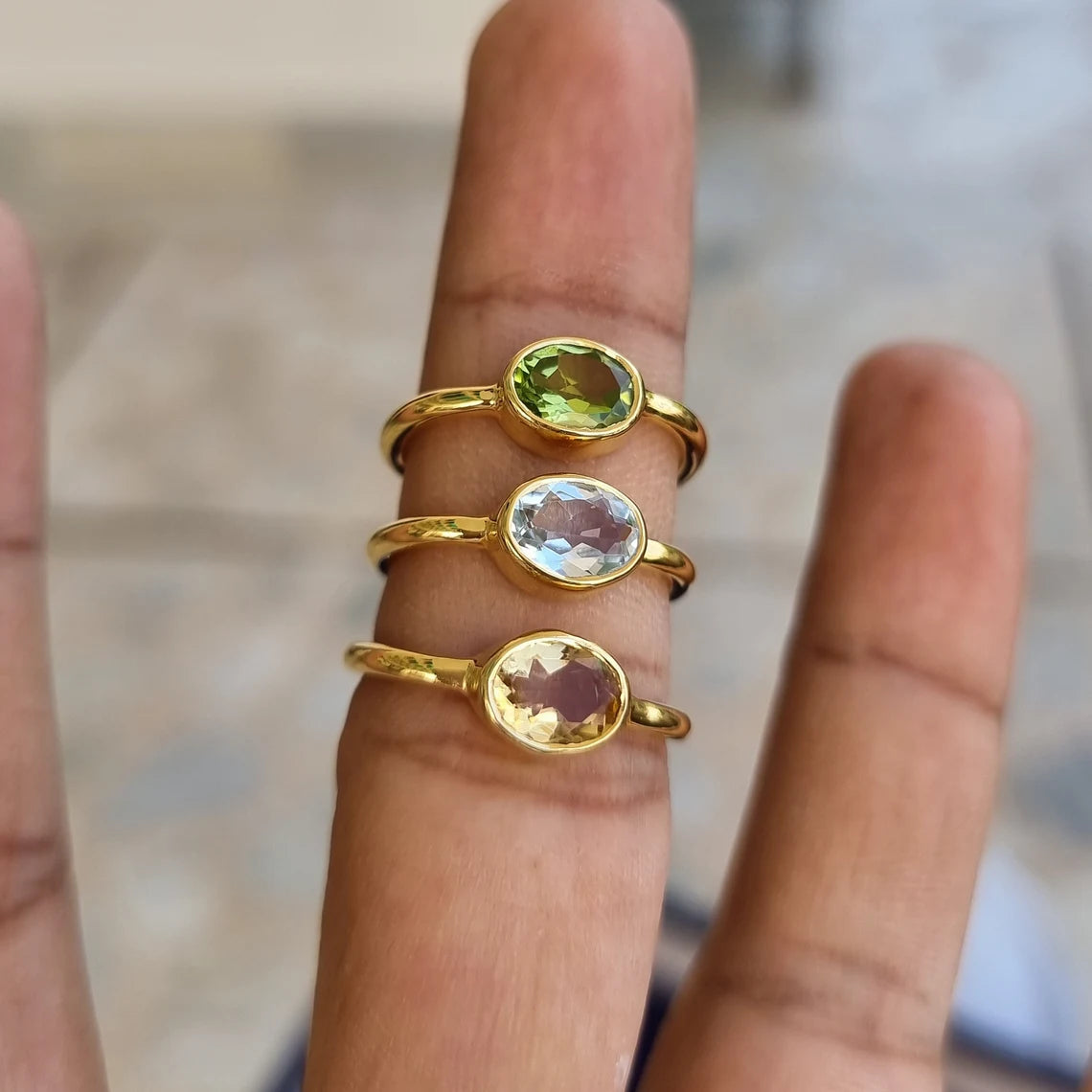 Natural Peridot Oval Gold Ring, Citrine Oval Gold Ring, Oval Cut Blue Topaz Gold Ring, August Birthstone, Jewelry, Green Peridot Gemstone,