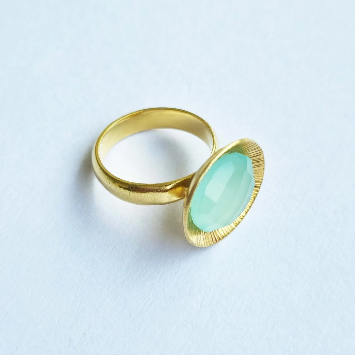 Aqua Blue Chalcedony 925 Sterling Silver Ring with Gold Plated, Gemstone Ring, Stacking Ring, Round Checker Cut Ring