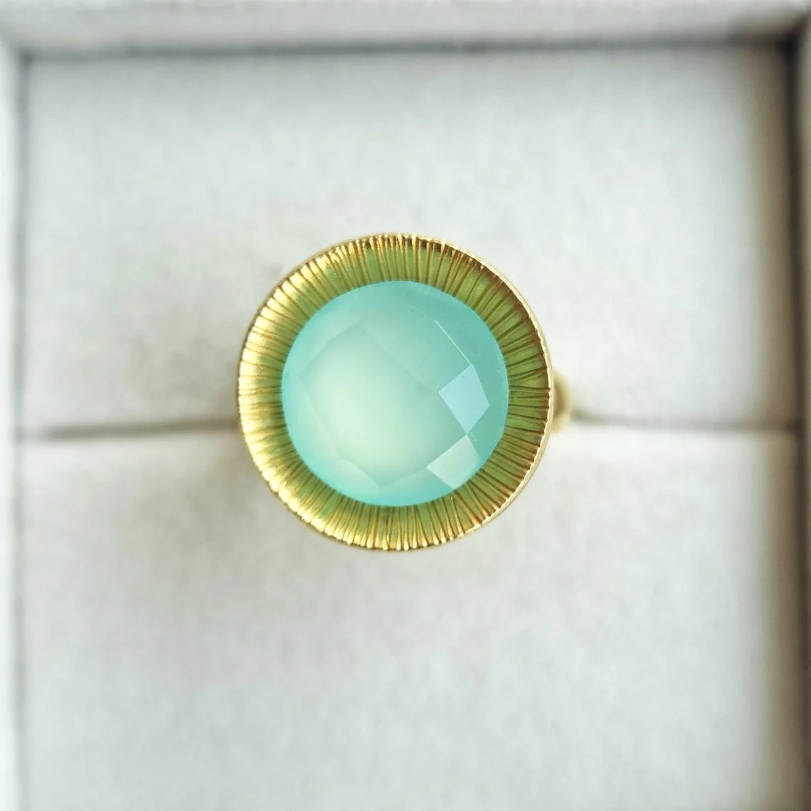 Aqua Blue Chalcedony 925 Sterling Silver Ring with Gold Plated, Gemstone Ring, Stacking Ring, Round Checker Cut Ring