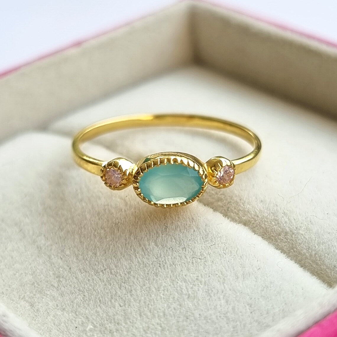 Purple and Aqua chalcedony gemstone ring, Pink Aqua Chalcedony Gold Ring,Minimalist Ring