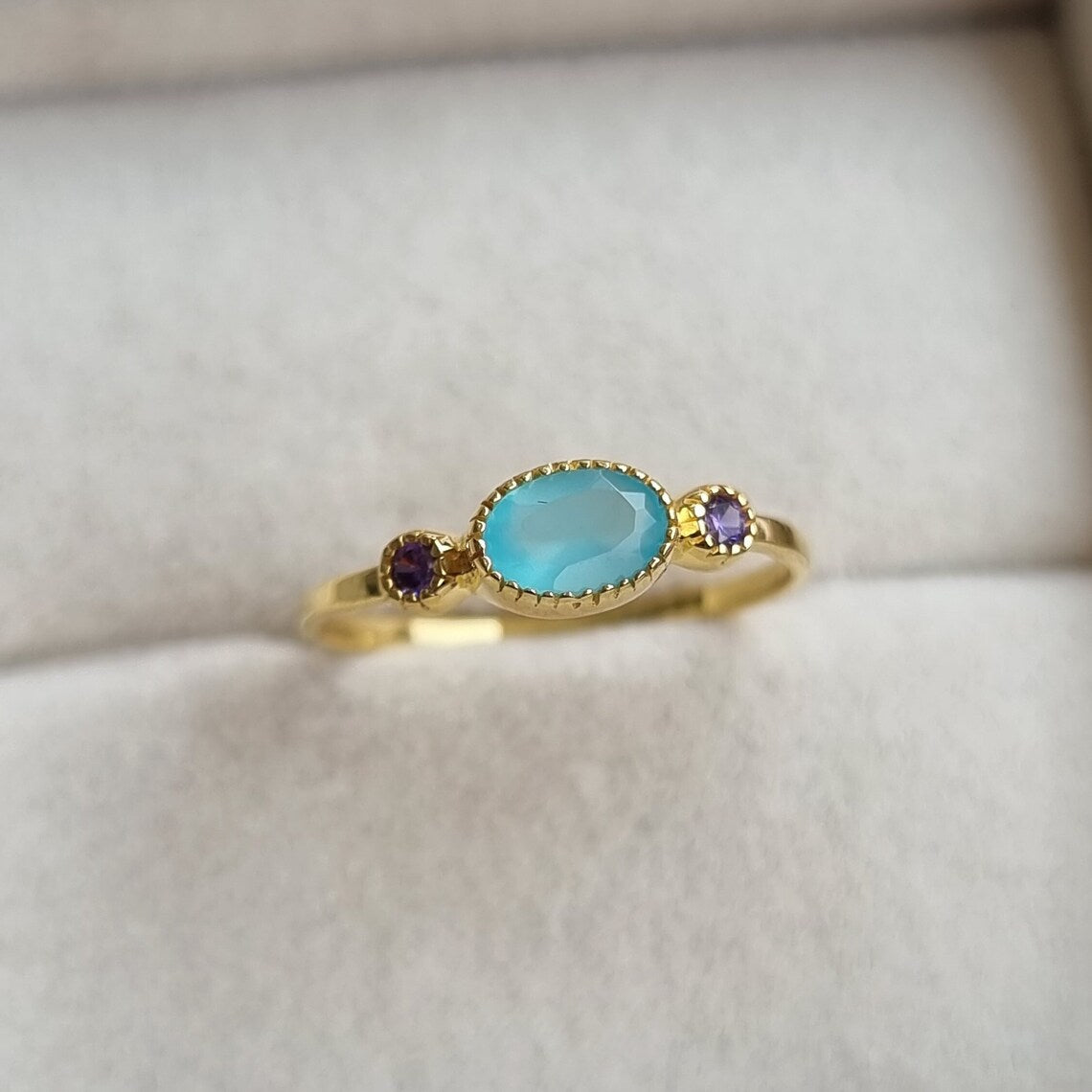 Purple and Aqua chalcedony gemstone ring, Pink Aqua Chalcedony Gold Ring,Minimalist Ring