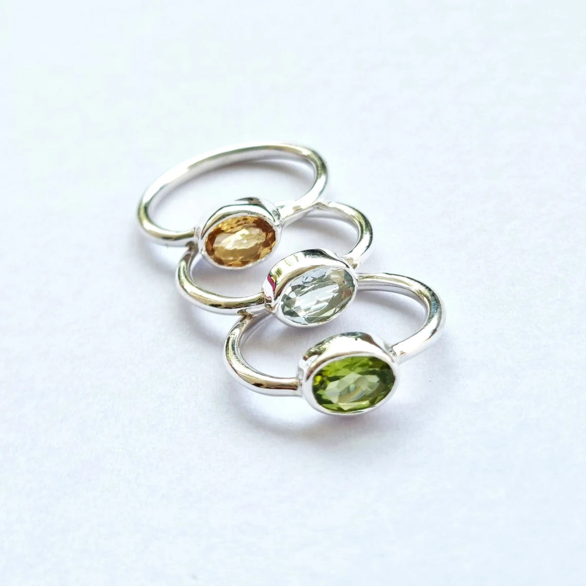 Oval Green Peridot Ring, Natural Citrine Silver Ring, Blue Topaz Gemstone Ring, August Birthday Gift for Her, Green Solitaire Gemstone Ring