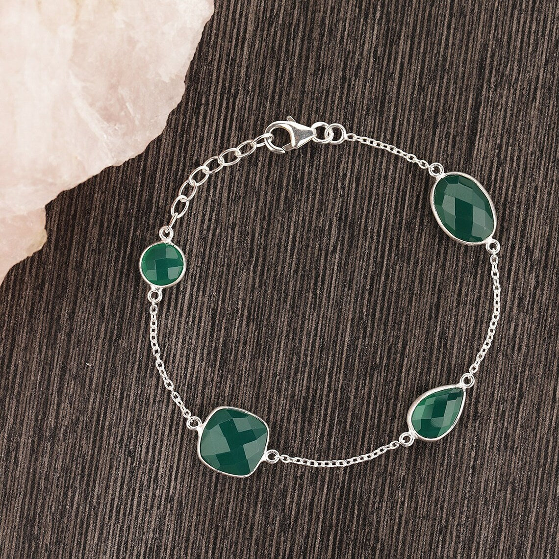 Green Onyx Silver Bracelet,Green Onyx Gemstone Bracelet