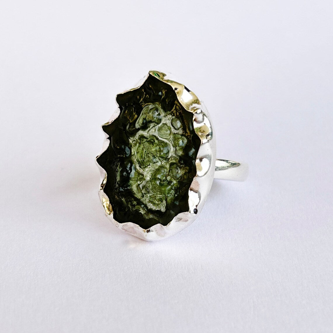 Raw Moldavite Ring - Natural Moldavite Ring - Sterling Silver Green Moldavite Ring - Moldavite Gemstone Silver Ring, Handmade Moldavite Ring