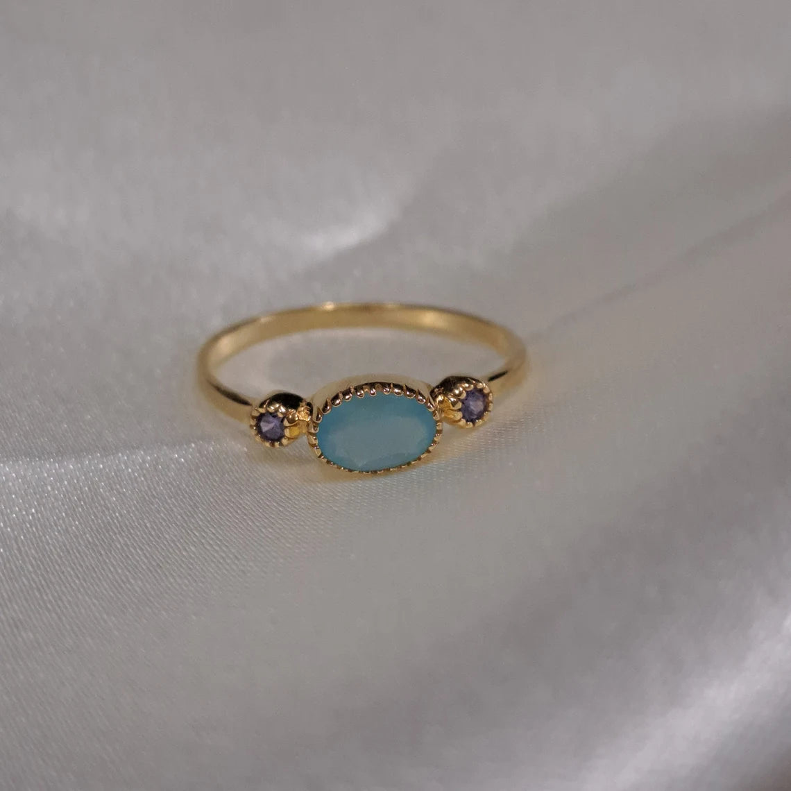 Purple Amethyst Aqua chalcedony ring,Blue Chalcedony Minimalist Ring,Aqua Purple Ring,Delicate ring,Dainty Ring,Handmade Ring,3 stones ring