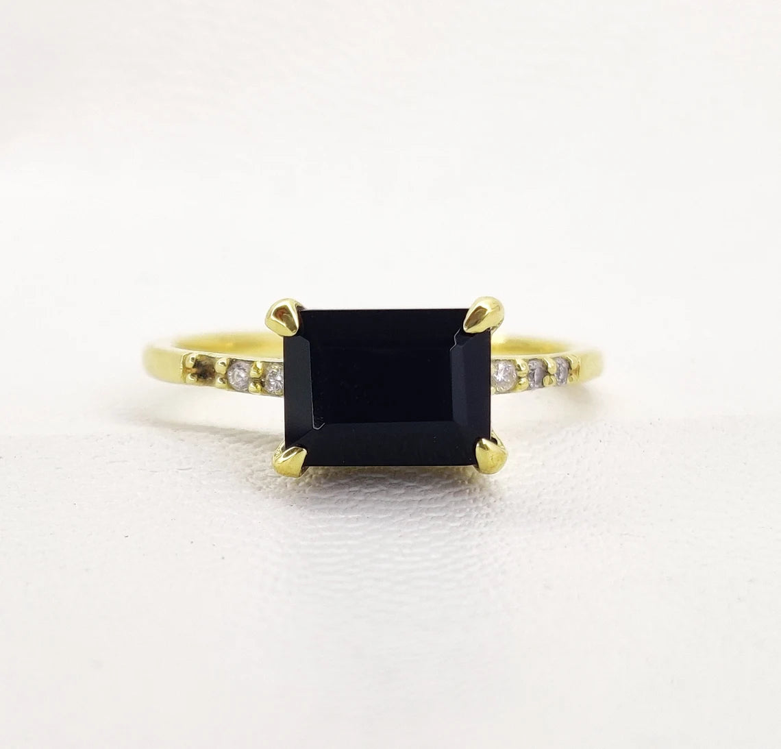 Black Onyx Gold Plated Sterling Stiler Ring - Octagon, Deep Black, CZ Onyx Handmade Ring