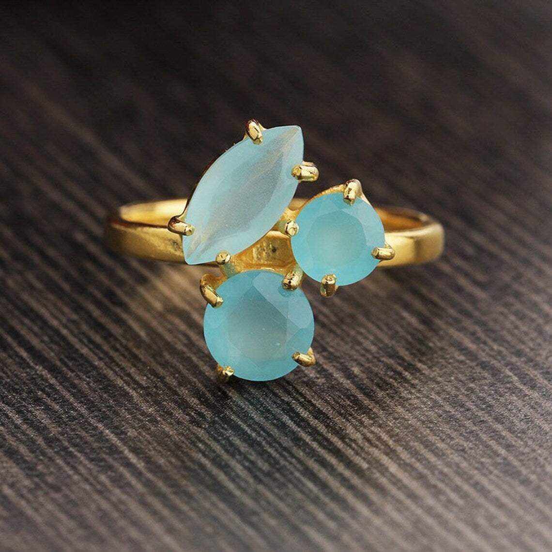 Blue Chalcedony Gold Plated Sterling Silver Ring, Pear Round Marquise Stone Ring