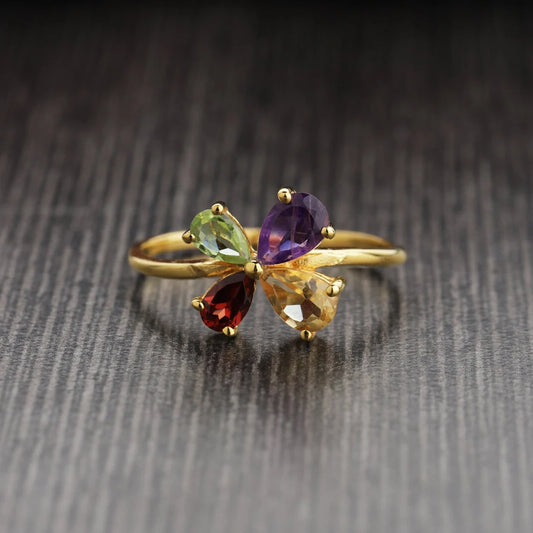 Peridot Garnet Citrine Amethyst Ring, Peridot Gold Ring, Garnet Gold Ring, Citrine Ring, Amethyst Pear Shape Ring, Multi Color Gemstone Ring