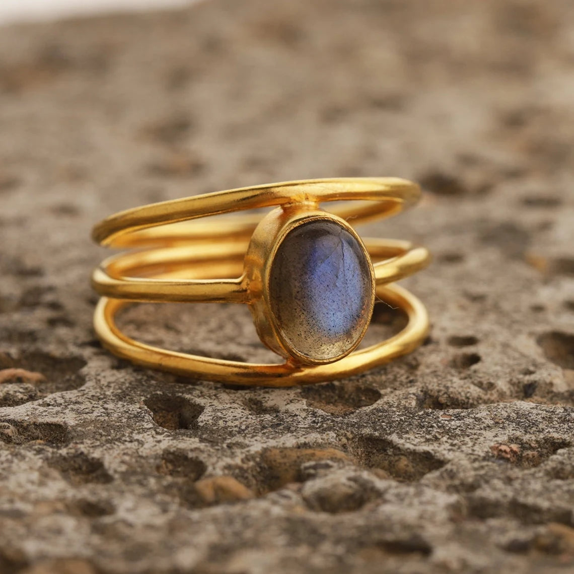 Oval Labradorite Gemstone - Sterling Silver Gold Plated Ring