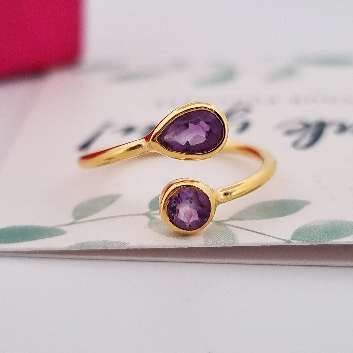 925 Sterling Silver Amethyst Round & Pear Adjustable Ring - Gold Plated Amethyst Ring - February Birthstone Ring - promise ring, wedding ring, friendship ring