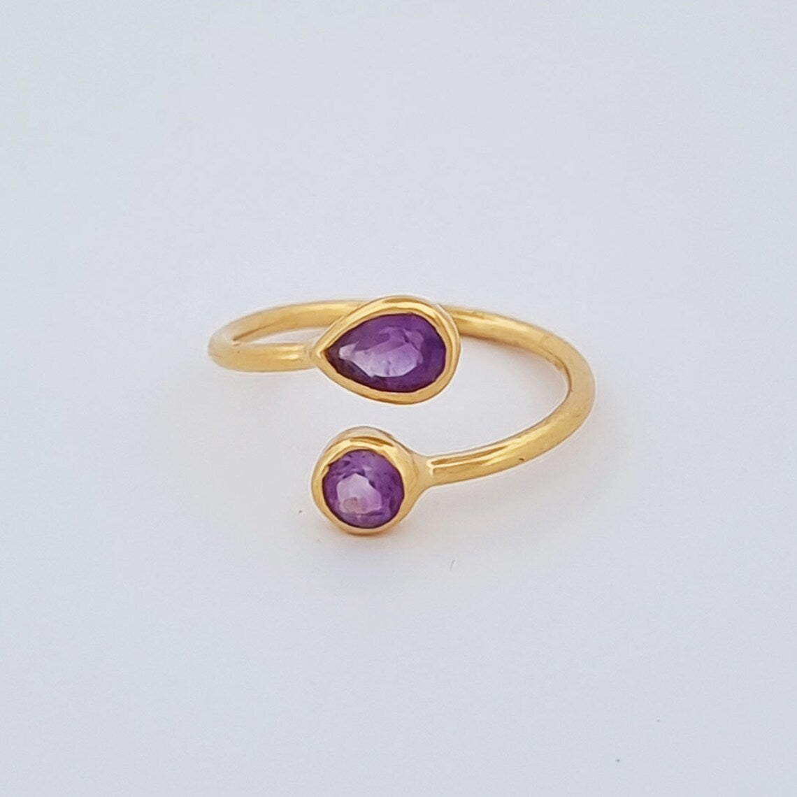 925 Sterling Silver Amethyst Round & Pear Adjustable Ring - Gold Plated
