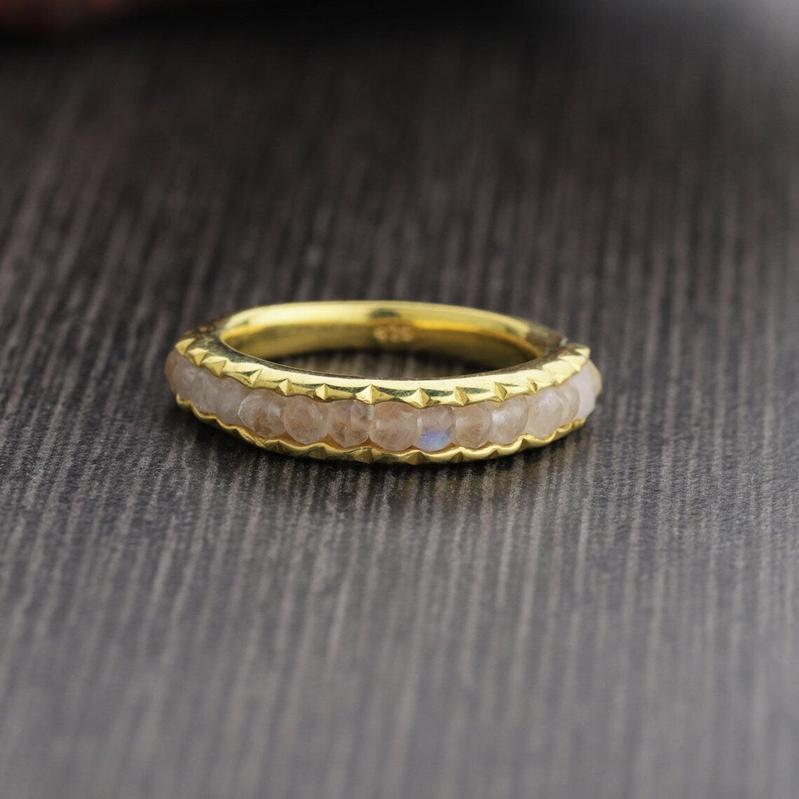 Rainbow Moonstone Beaded Ring - Stacking Ring - June Birthstone - Half Eternity Ring - Gold Moonstone Beads Ring- Bezel Ring - Delicate Ring