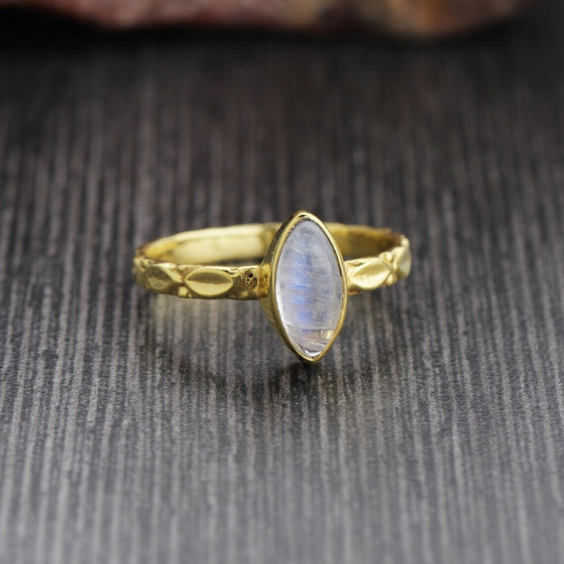 Blue Moonstone Ring, Blue Moonstone Gold Ring, Marquise Ring, Delicate ring, dainty ring, June birthstone AAAA Moonstone Hammered Ring