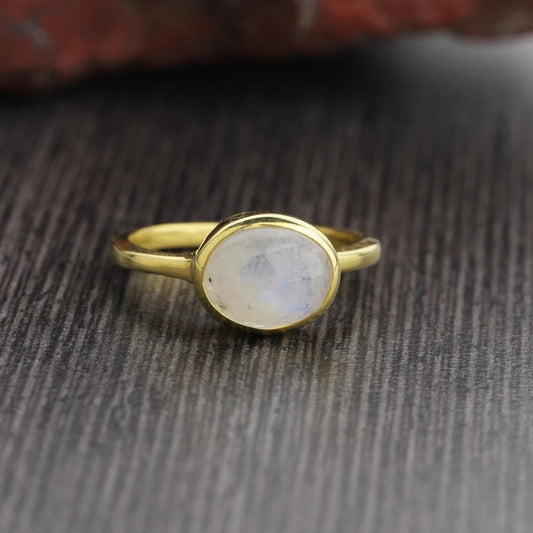 Rainbow Moonstone Gold Plated Ring - Simple Moonstone Ring - June Birthstone Ring - Oval Moonstone Ring