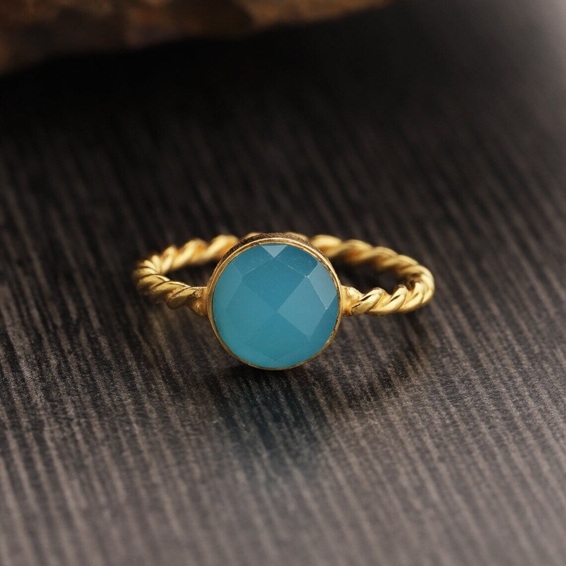 Blue Chalcedony ring, trendy designs for her, gold ring, Round chalcedony ring, cobalt blue gemstone, birthstone ring birthday gifts for her