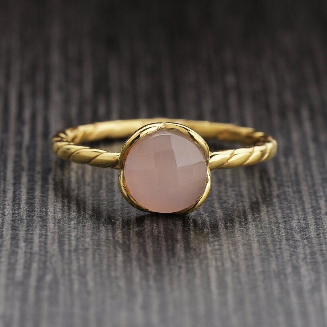 Pink Chalcedony Ring, Gemstone Ring, Birthstone Stacking Ring, Round Ring, pink chalcedony twisted band ring for women pink chalcedony Ring