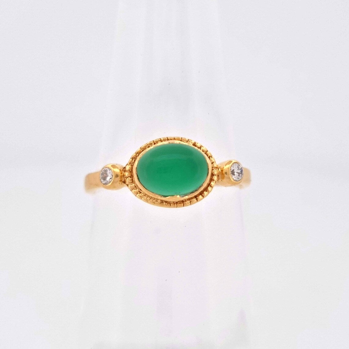 Green Onyx Ring - Green Oval Onyx ring - CZ & green onyx Oval Cabochon ring - Gold Green Onyx Ring Handmade