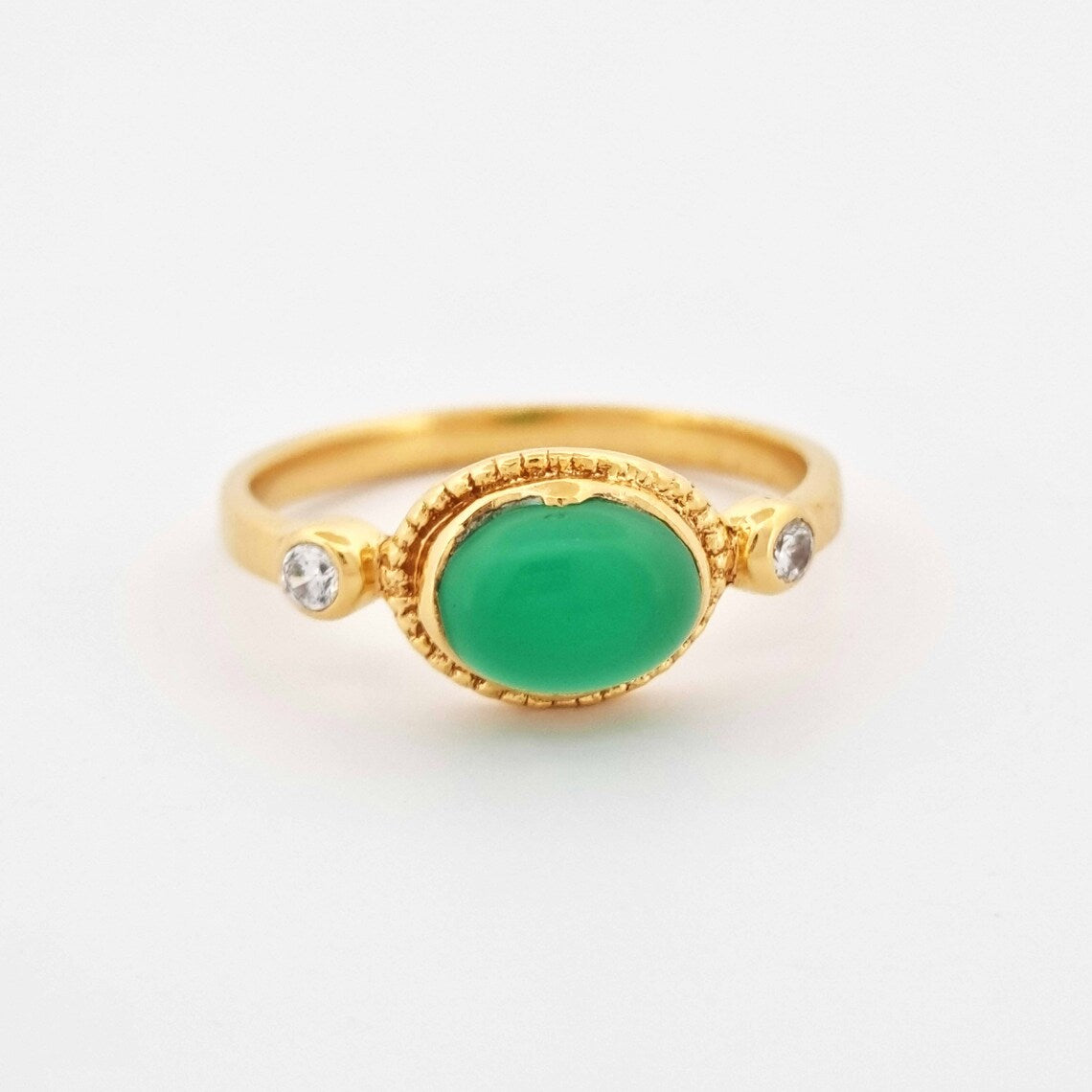 Green Onyx Ring - Green Oval Onyx ring - CZ & green onyx Oval Cabochon ring - Gold Green Onyx Ring Handmade